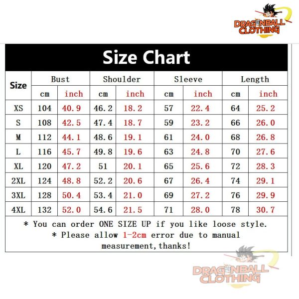 New Dragon Ball Z Goku Kame Symbol Zipper size chart